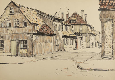 Раздрогин И. А. Старая Клайпеда. 1960. Бумага, тушь, цв. карандаши. Размер 29,5х42 см. Хорошее 