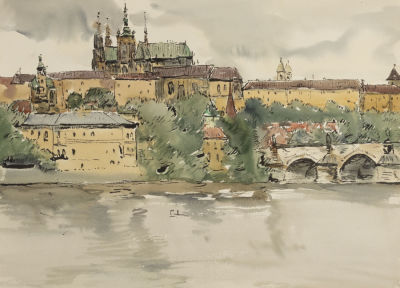 Раздрогин И. А. Прага. 1974. Бумага, акварель. Размер 36х48 см. Хорошее состояние. Следы 