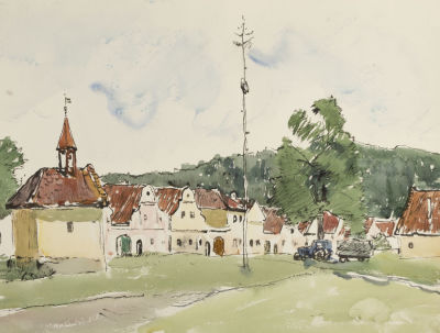 Раздрогин И. А. Деревня XV века. 1970-е гг. Бумага, акварель. Размер 36х48 см. Хорошее 