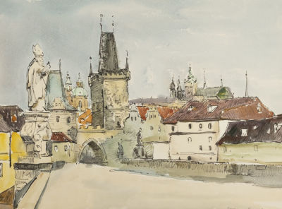 Раздрогин И. А. Прага. Карлов мост. 1975. Бумага, акварель. Размер 36х48 см. Хорошее состояние. 