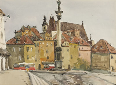 Раздрогин И. А. Городской вид с колонной. 1970-е гг Бумага, акварель. Размер 36х48 см. Хорошее 