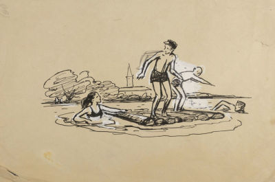 Судаков В. М. Дети на плоту. Макет литографии (?). 1960-е гг. Бумага, тушь, белила. Размер 