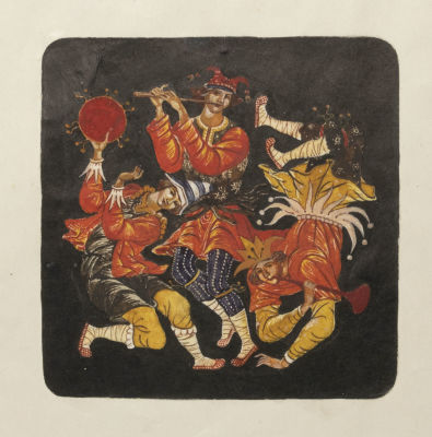 [Палех] Н/х. Скоморохи. Эскиз лаковой миниатюры. 1970-е гг (?) Бумага, смешанная техника. 