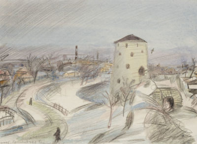 Тамбовцев В. В. Вечереет. Гремячья башня. Псков. 1984. Бумага, карандаш, акварель. Размер 22 