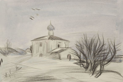 Тамбовцев В. В. Церковь Козьмы и Дамиана 1984. Бумага, карандаш, акварель. Размер 22,5х31 см. Хо 