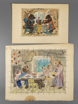 Ларина В. Б. Три медведя. 2 макета иллюстраций. 1970-1980-е гг. Бумага, смешанная техника. 