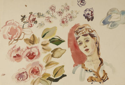 Ларина В. Б. Девица и розы. Эскиз. 1970-е гг. Бумага, смешанная техника. Размер листа 20х32 см. 