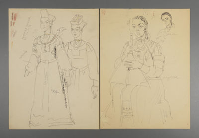Ларина В. Б. Русский народный костюм. 2 эскиза. 1970-е гг. Бумага, смешанная техника. Размер 