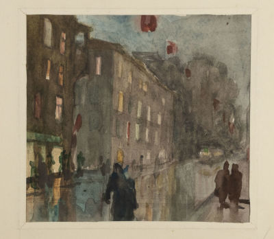 Кривицкий Л. Г. Праздничный вечер на Васильевском острове. 1953. Бумага, акварель. Размер 