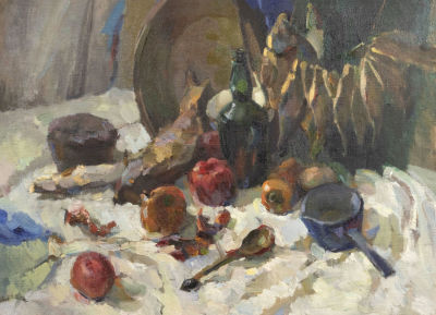 Н/х. Натюрморт с сушеной рыбой. 1980-1990-е гг. Оргалит, масло. Размер 56х76 см. Хорошее 