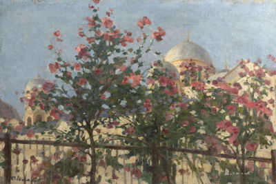 Власов (по подписи). Церковная ограда (розовые цветы). 1980-1990-е гг. Холст, масло. Размер 