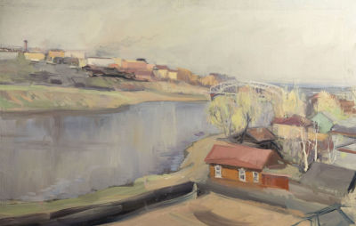 Попов А. И. Город на реке Мста. 1964. Холст, масло. Размер 55х84 см. Хорошее состояние. Следы 