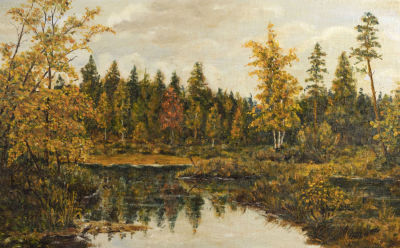 Подпись неразборчивая. Осеннее озеро. 1986. Холст, масло. Размер 57х82 см. Хорошее состояние. 