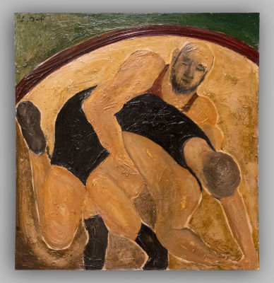 Эль-Сафади Л. Борцы. 2020-е гг. Оргалит, авторская техника. Размер 107х100 см. Хорошее 