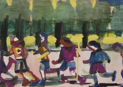 Зинштейн А. И. Бегуны на празднике города. 2022. Бумага, гуашь. Размер 30х42 см. Хорошее 