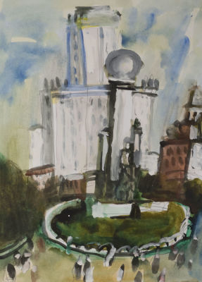 Зинштейн А. И. Мадрид. Памятник Сервантесу. 2018. Бумага, гуашь. Размер 46х34 см. Хорошее 