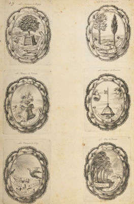Гербы испанских дворян. Середина XVIII в.(?) Бумага верже, резцовая гравюра. Размер 45х30 см. Ус 