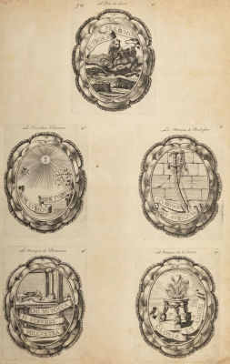 Гербы испанских дворян. Середина XVIII в.(?) Бумага верже, резцовая гравюра. Размер 45х30 см. Ус 