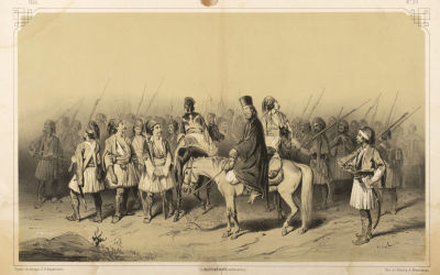 [Русский художественный листок Тимма] Отряд греческих волонтеров. 1855. Литография. Размер 35х51 см.