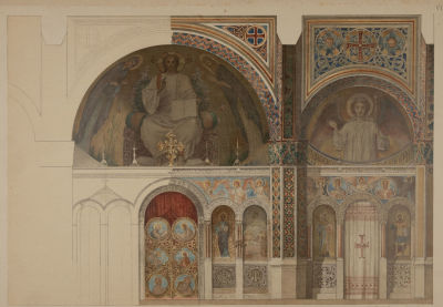 [Князь Гагарин] Проект иконостаса и живописи в полукуполах апсид. Лист 8. Хромолитография. 