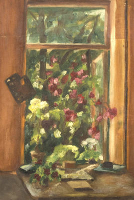 Н/х. Розы в окне. 1930-е гг.(?) Холст, масло. Размер 29х19 см. Хорошее состояние. Следы бытования.