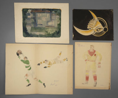 [Ленфильм] Калягин В. Г. Эскизы к фильму &laquo;Вратарь Республики&raquo;. 4 листа. 1930-е гг. Бумага, акварель.