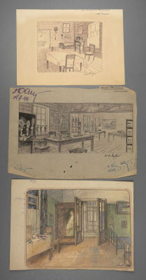 [Ленфильм] Калягин В. Г. Эскизы к фильму &laquo;Колхоз им. Тимирязева&raquo;. 3 листа. 1940-е гг. Бумага 