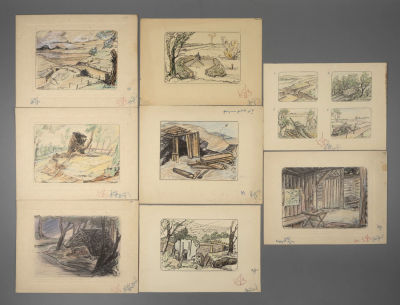 [Ленфильм] Калягин В. Г. Эскизы сцен военного фильма. 8 листов. 1960-е гг. Бумага, смешанная 