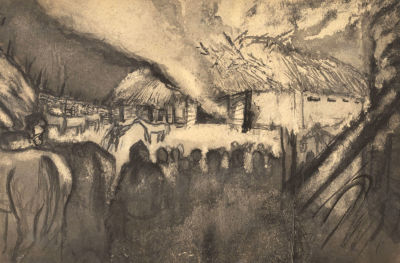 [Ленфильм] Калягин В. Г. Пожар на конюшне. 1960-е гг. Бумага на картоне, тушь. Размер 21,5х31 см. 