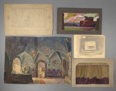 [Ленфильм] Калягин В. Г. Эскизы кулис. Сценография. 5 листов. Бумага , смешанная техника. В 