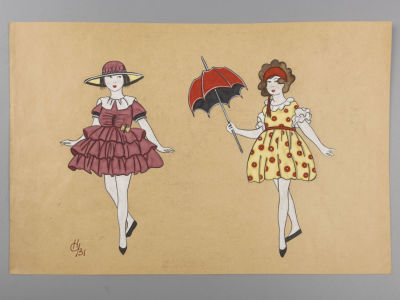 Ушин Н. Эскиз модели одежды. Две сестры. 1931. Бумага, гуашь. Размер 18х27,5 см. Слева 