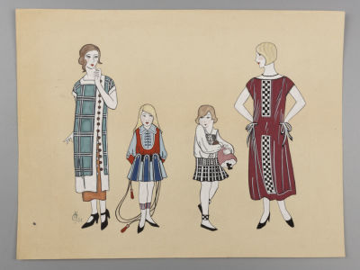 Ушин Н. Эскиз модели одежды. Две мамы и две дочки. 1931. Бумага, гуашь. Размер 22х29см. Слева 