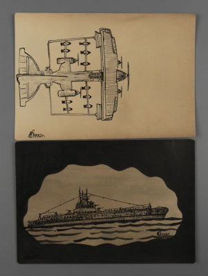 Катасинович А. Ю. Самолет и корабль. 1932. Бумага, акварель, тушь. Размер 10х14 см. Хорошее 