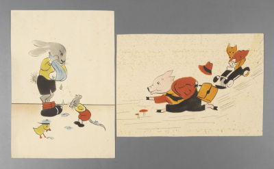 Два оригинала макетов детских открыток по мотивам мультфильмов Диснея. Поросенок и Зайчик. 