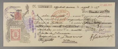 Испания. Банковский чек. №D94400895 1935 г. Размер 11.5х29 см. Учтенный испанский банковский 