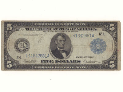 Бона США. 5 долларов 1914 №L41642681A F. Состояние F