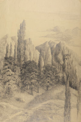 Н/х. Пейзаж со скалами и кипарисами. Вторая половина XIX века. Бумага, карандаш. Размер 33х22,5 см.