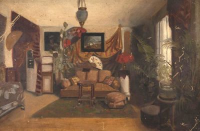 Н/х. Интерьер в восточном стиле (веера на стене). Конец XIX века. Холст без подрамника, масло. 