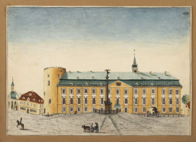 Н/х. Рига. Замок. Вид на дворец с колонной и проезжающей каретой. Начало XIX века. Бумага 