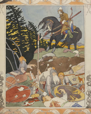 Н/х. Копия иллюстрации И. Билибина "Иван и рать – сила побитая" к сказке "Марья Моревна". 