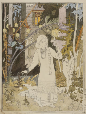 Н/х. Копия иллюстрации И. Билибина "Василиса покидает избу Бабы Яги" к сказке "Василиса 