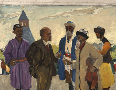 Панков П. В. Встреча Ленина с делегацией из Средней Азии. 1980-е гг. Картон, масло. Размер 40х51 см.