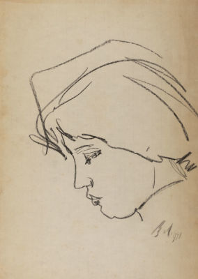 Лебедев В. В. Женская голова в профиль. 1940-е гг. Миллиметровая бумага, уголь. Размер 34х22,5 см. 