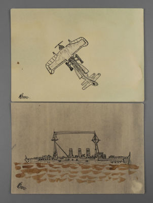 Катасинович А. Ю. Самолет и корабль. 1932. Бумага, акварель, тушь. Размер 10х14 см. Хорошее 