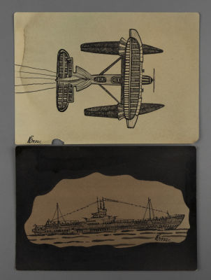 Катасинович А. Ю. Самолет и корабль. 1932. Бумага, акварель, тушь. Размер 10х14 см. Хорошее 