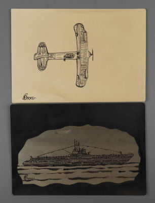 Катасинович А. Ю. Самолет и корабль. 1932. Бумага, акварель, тушь. Размер 10х14 см. Хорошее 