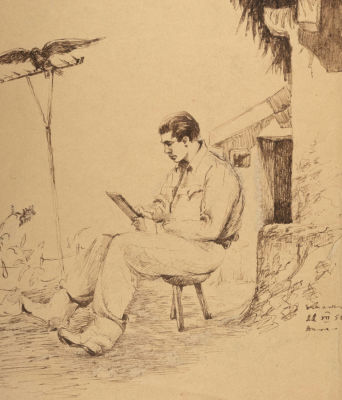 Кетов А. Д. На пленэре. 1950. Бумага, тушь. Размер 25х21 см. Условно хорошее состояние. Следы 