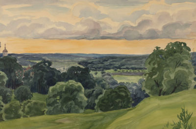 Амосова-Бунак О. Ф. Вид на долину и фрагмент церкви. 1930-е гг. Бумага, акварель. Размер 28х41,5 см.