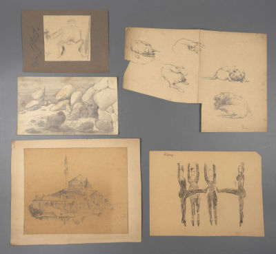 Разные художники. Балерины, Бахчисарай (?) и др. Пять рисунков. Бумага, карандаш. Размер самого 