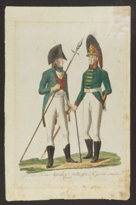Н/х. Офицеры от инфантерии. Начало XIX века. Раскрашенная гравюра. Размер листа 30,5х20 см. Усло 